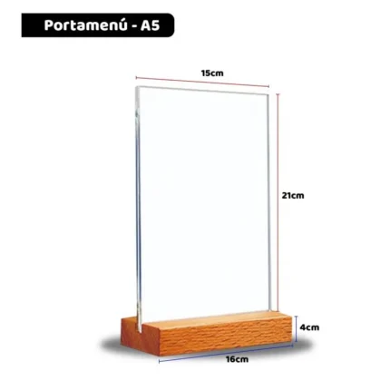 Porta Afiche acrílico de 2mm en formato A5 con Base de Madera